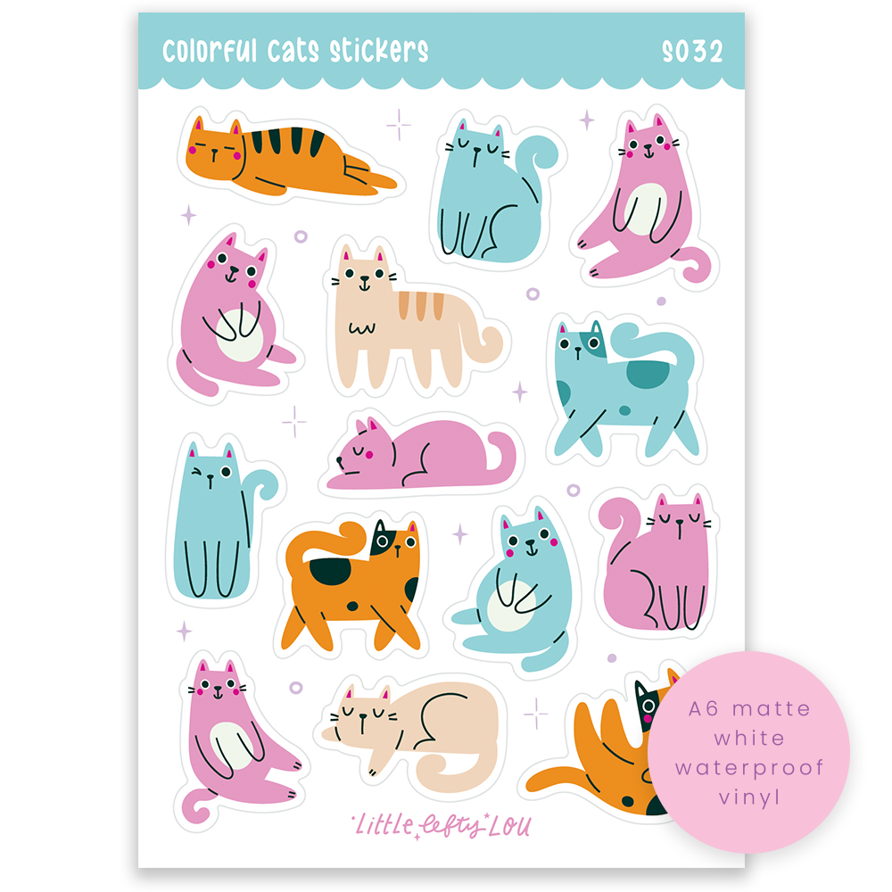 Feuille d'autocollants A6 — Chats colorés, étanche