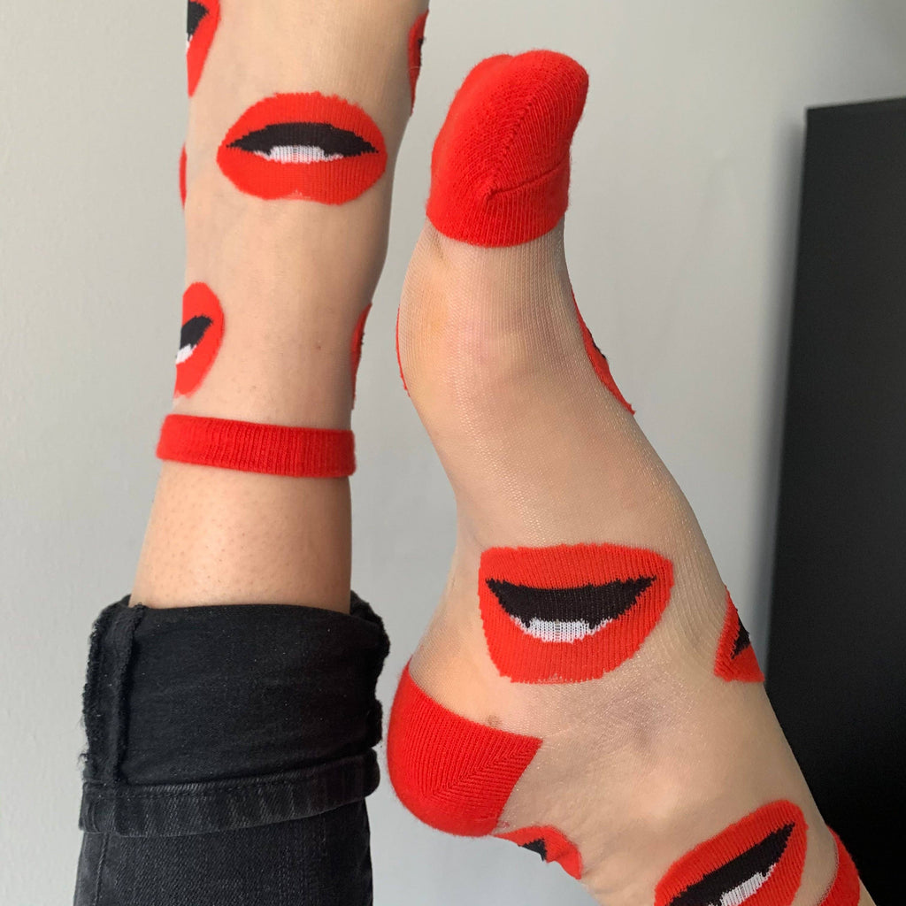Maryline - Chaussettes transparentes bouches rouges