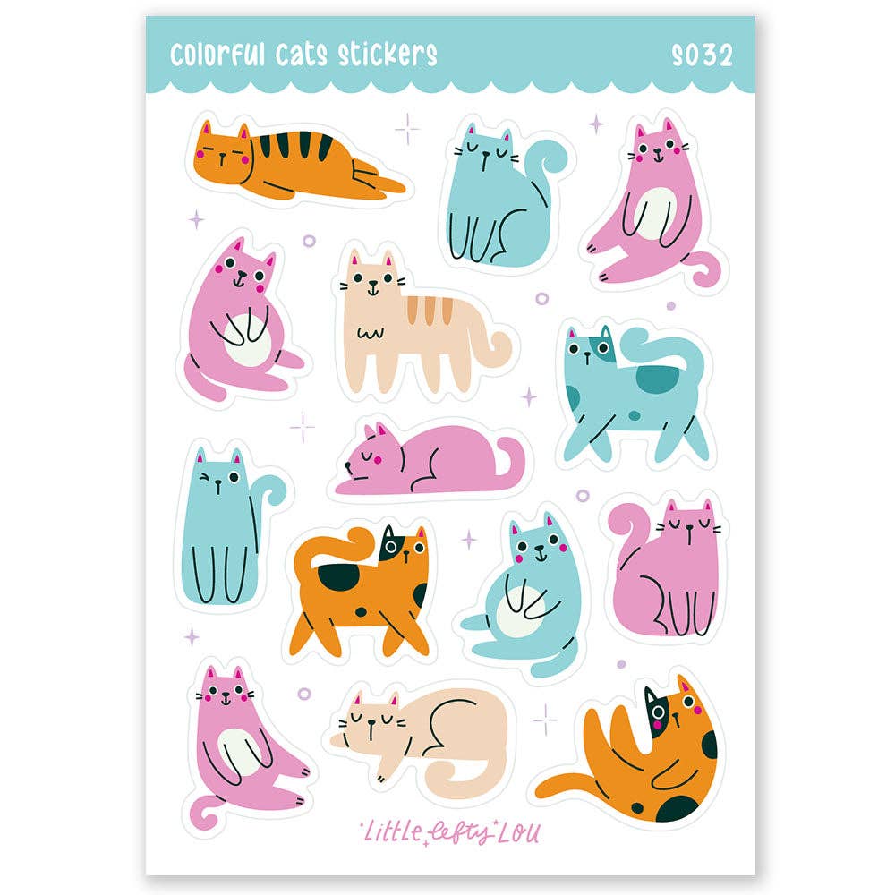 Feuille d'autocollants A6 — Chats colorés, étanche